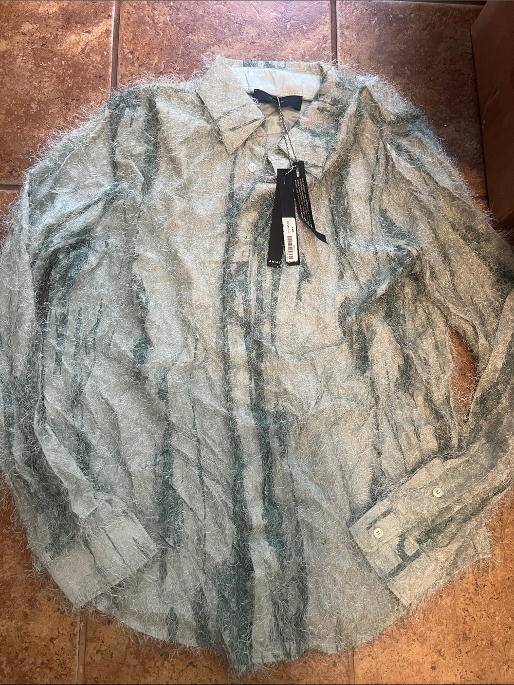 Fuzzy Button-Up Shirt in Light Teal Amiri NWT RETAILS $1500
